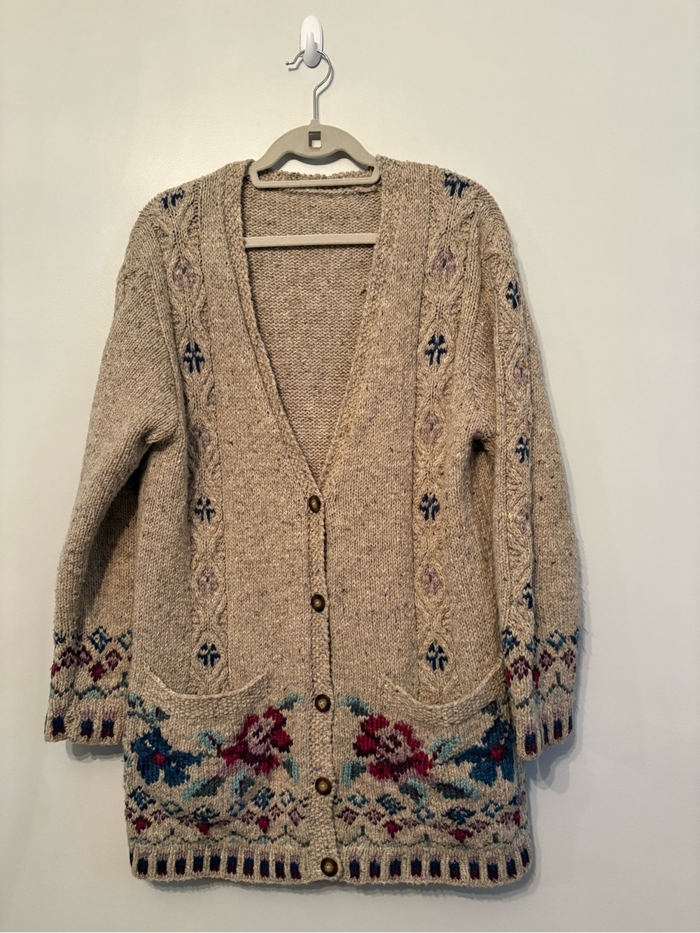 Vintage Laura Ashley Wool sweater cardigan floral embroidery cable knit details